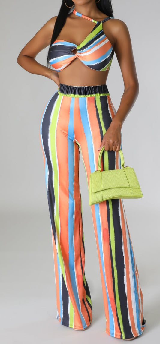 MULTI COLOR STRIPE CROP TOP AND PANTS SET